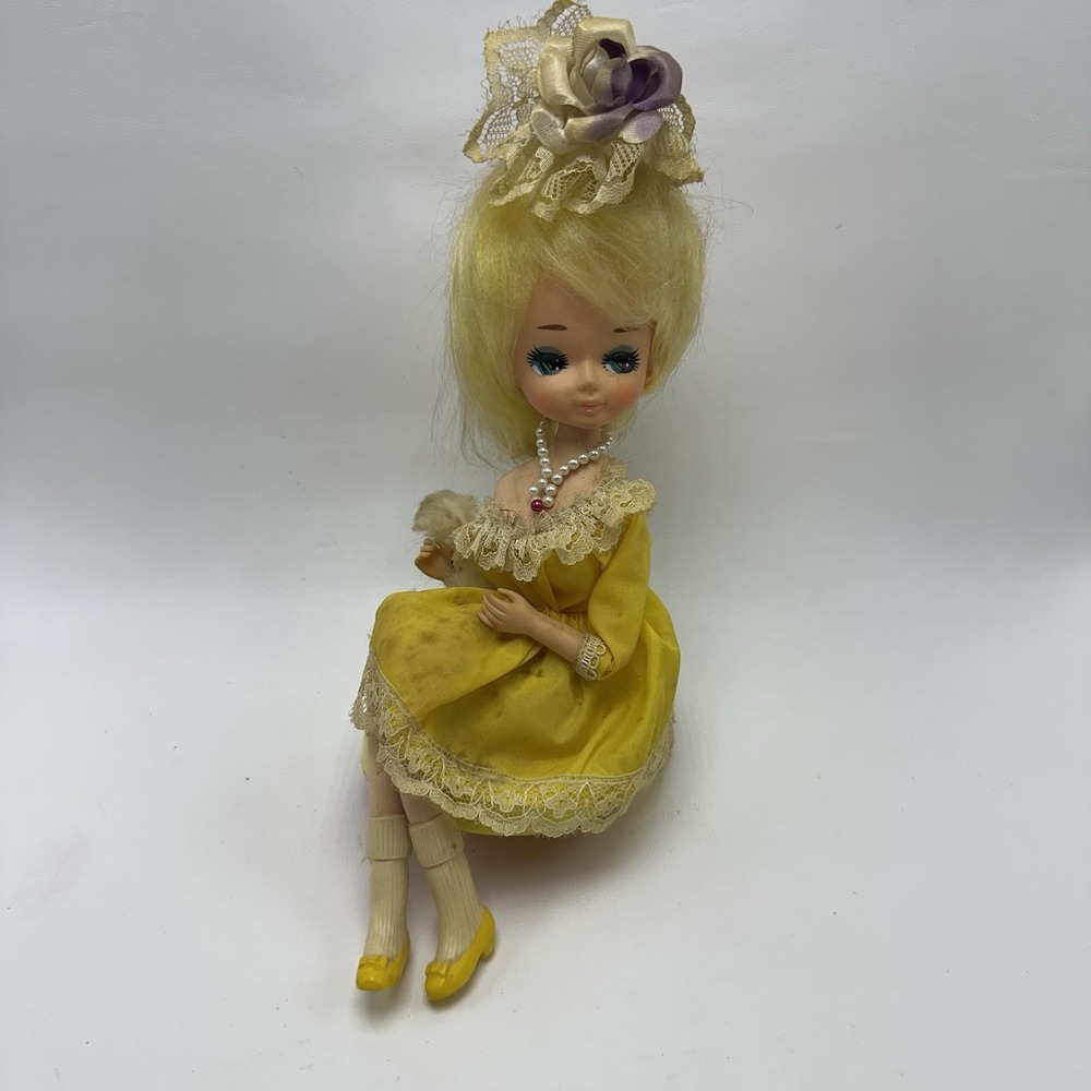 Vintage Big Eyed Blonde Girl Doll Yellow Dress Hat Dog